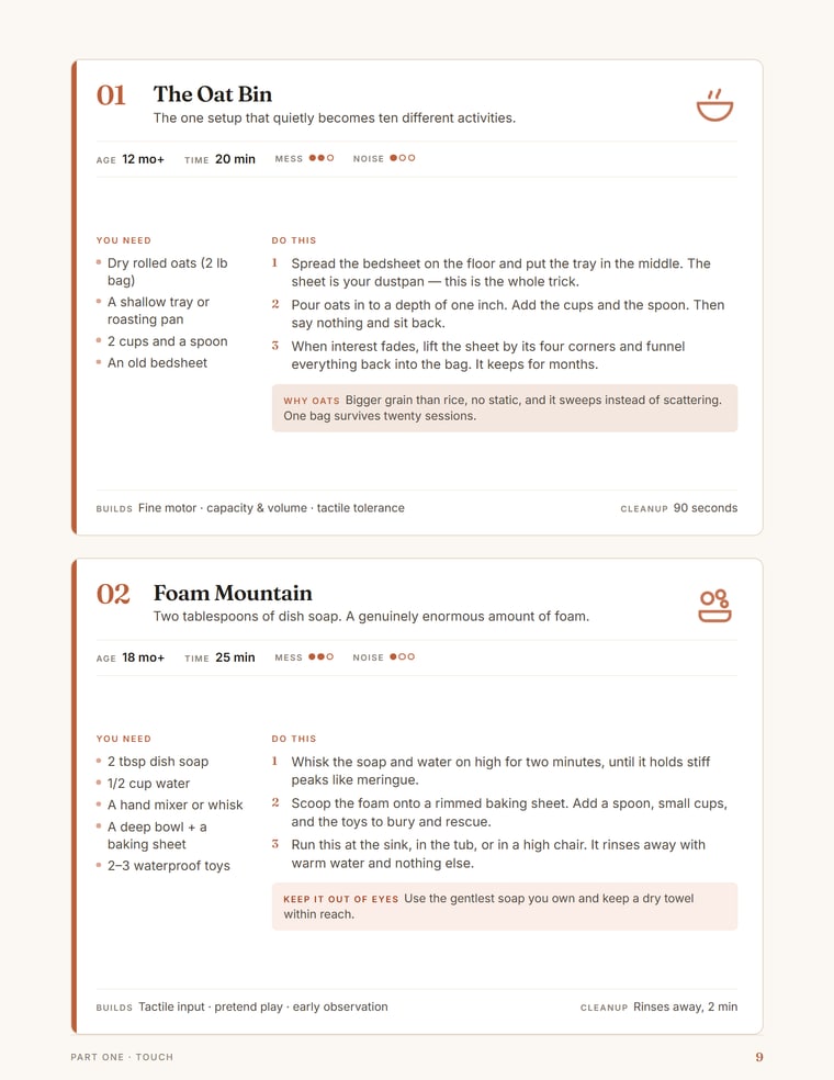 A sample activity page, with materials, three steps and the mess and noise ratings